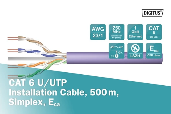 Digitus Cat6 Mor UTP Makara Kablo Saf Bakır (500m) - 2