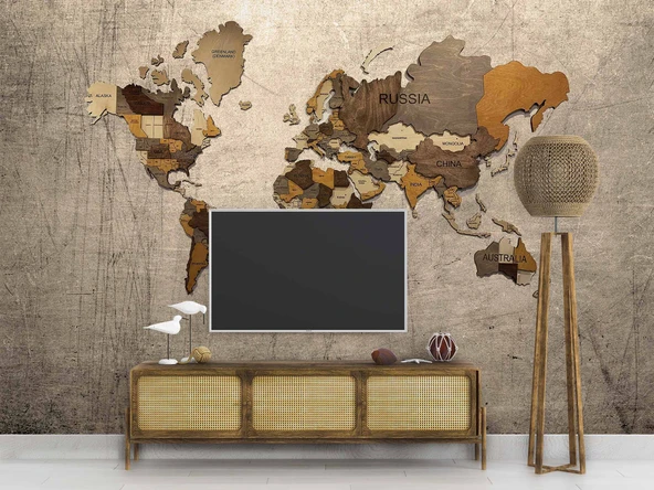 Vintage Ahşap Dünya Haritası Duvar Kağıdı - Resim 3