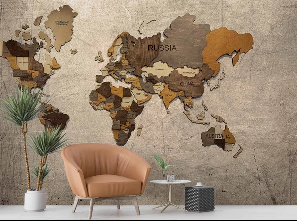 Vintage Ahşap Dünya Haritası Duvar Kağıdı - Resim 6