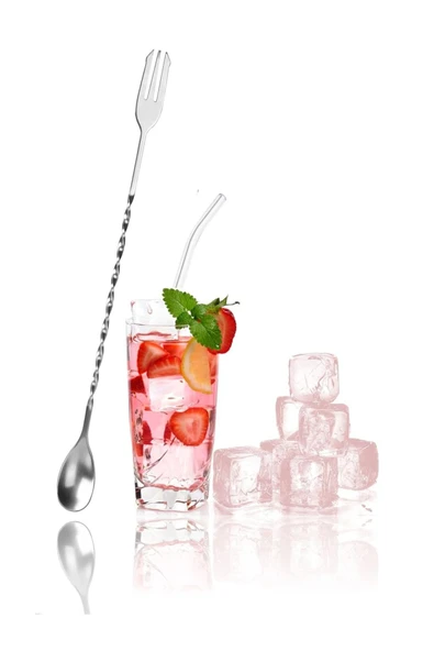 ABOOWE Burgulu Çatallı Bar Kaşığı 33 cm Kokteyl Karıştırma Kaşığı & Cam Pipet Seti - 3