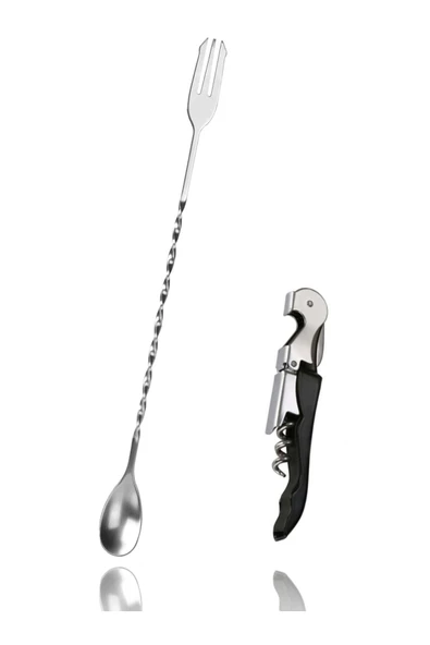 ABOOWE Burgulu Çatallı Bar Kaşığı 33 cm Kokteyl Karıştırma Kaşığı & Çok Fonksiyonlu Açacak Tirbuşon ürün görseli 1