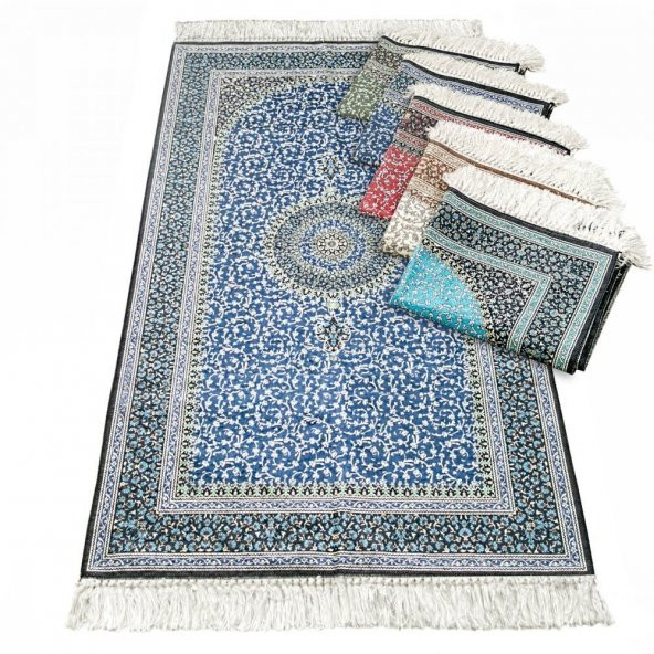 Hediyelik Seccade Lüks İpek Ahu, Kristal Tesbih, Kadife Kuran-ı Kerim Asetat Kutu (30×18) Süslemeli Dini Set-Lacivert - 2