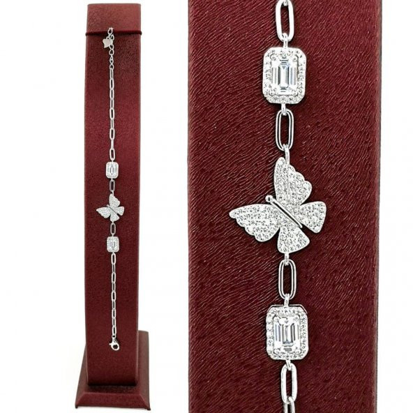 Şık Kelebek Tasarımlı Baget Taşlı 925 Ayar Gümüş Bileklik - Resim 3