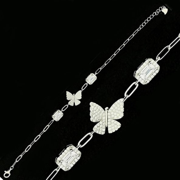 Şık Kelebek Tasarımlı Baget Taşlı 925 Ayar Gümüş Bileklik - Resim 4