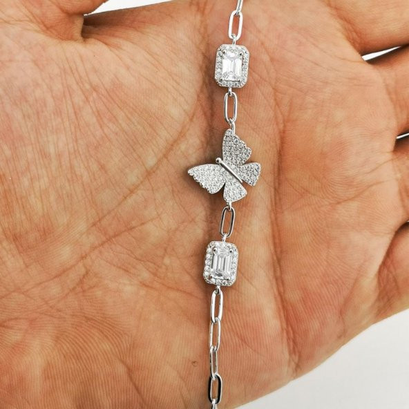 Şık Kelebek Tasarımlı Baget Taşlı 925 Ayar Gümüş Bileklik - Resim 5