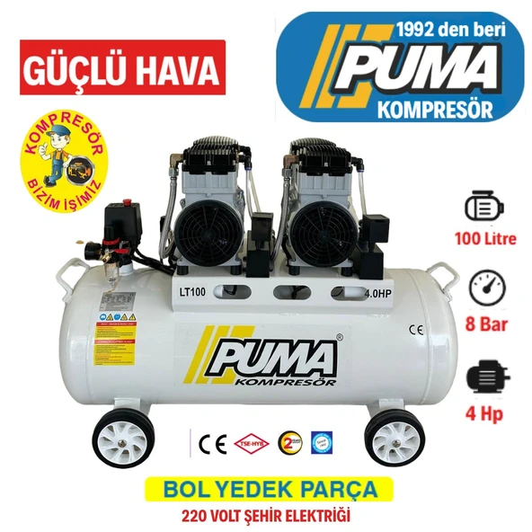PUMA SESSİZ YAĞSIZ PİSTONLU KOMPRESÖR - 100 Lt - 4 HP - 8 Bar - Resim 1
