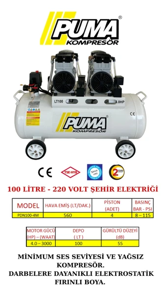 PUMA SESSİZ YAĞSIZ PİSTONLU KOMPRESÖR - 100 Lt - 4 HP - 8 Bar