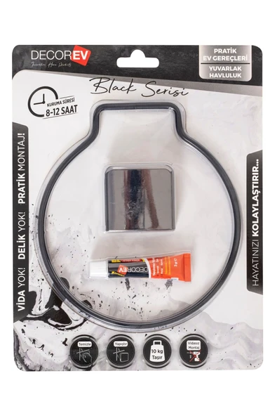 Decorev DC-5059 Dekoratif Yapıştırmalı Banyo Mutfak Metal Yuvarlak Havluluk Askı Siyah - 3