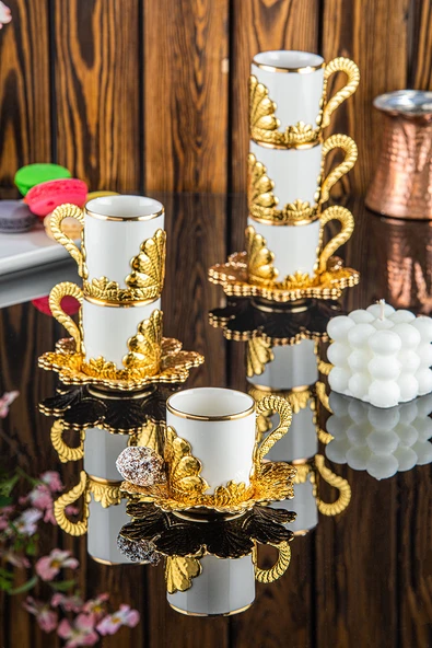 Damla 6 Kişilik 12 Parça Altın Renk Yaldızlı Ağız Türk Kahvesi Fincan Sunum Seti 337-K-Y-18