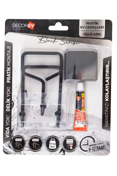 Decorev Dc-5054 Dekoratif Yapıştırmalı Banyo Mutfak Metal Üç Kancalı Askı Siyah - 3