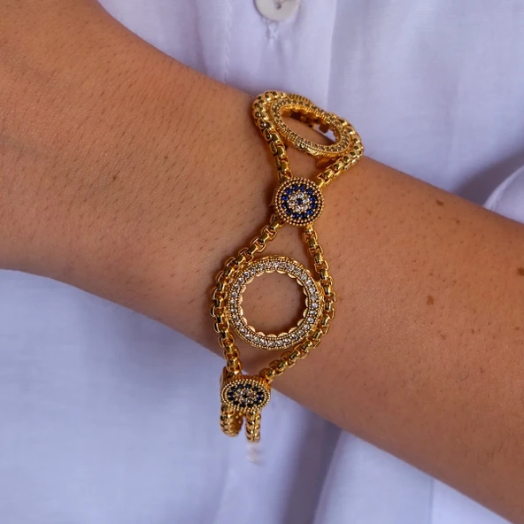 İki Çeyrekli Çerçeve Bileklik Çelik Altın Kaplama BLK-1065 - Resim 3