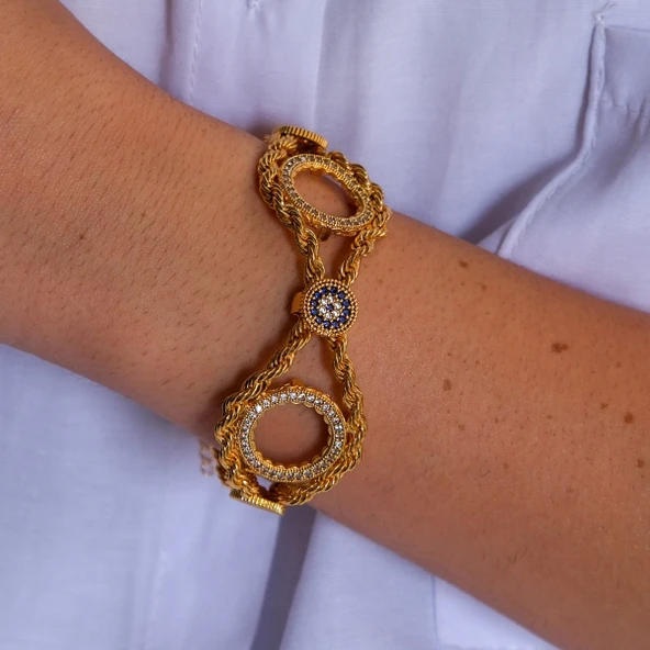 İki Çeyrekli Çerçeve Bileklik Çelik Altın Kaplama BLK-1066 - Resim 3