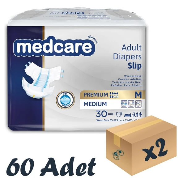 Medcare Premium Bel Bantlı Hasta Bezi 6 Damla Medium Orta Boy M Beden 30'lu 2 Paket 60 Adet