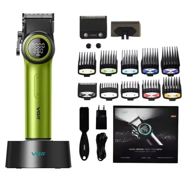 VGR V-001 Profesyonel  Berberler için Karbon Çelik Bıçak Saç Kesme Makinesi 9000RPM, LED Ekran - 10