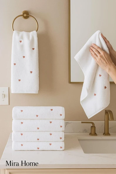 4 Lü Kalp Nakış İşlemeli El Yüz Havlu Seti %100 Pamuklu 50x90 Cm Hand Of Love - 12