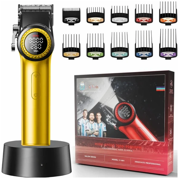VGR V-001 Profesyonel  Berberler için Karbon Çelik Bıçak Saç Kesme Makinesi 9000RPM, LED Ekran - 9