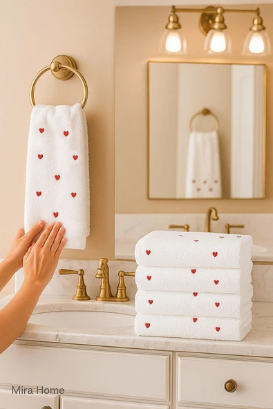 4 Lü Kalp Nakış İşlemeli El Yüz Havlu Seti %100 Pamuklu 50x90 Cm Hand Of Love - 9