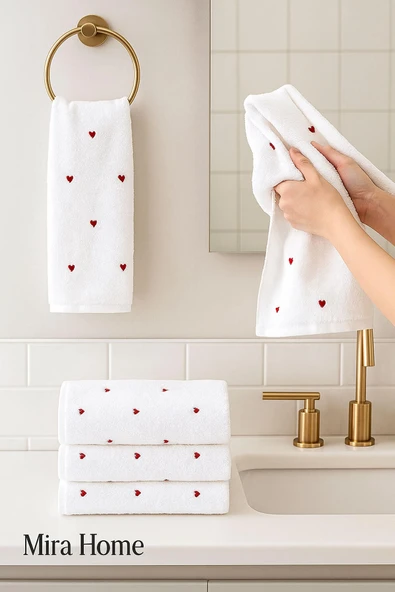 4 Lü Kalp Nakış İşlemeli El Yüz Havlu Seti %100 Pamuklu 50x90 Cm Hand Of Love - 10
