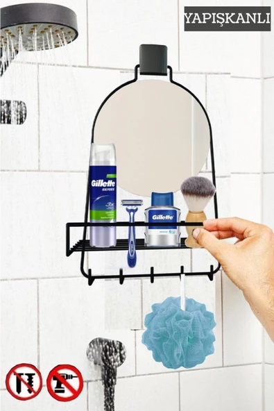 Decorev DC-5597 Dekoratif Yapıştırmalı Aynalı Banyo Askısı Duşa Kabin Raflı Siyah