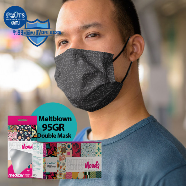 Medizer Siyah Yüzler Desenli Cerrahi Maske Meltblown Kumaş - 10'lu 10 Kutu - 3