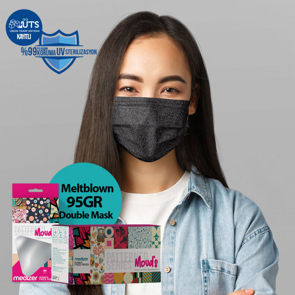 Medizer Siyah Yüzler Desenli Cerrahi Maske Meltblown Kumaş - 10'lu 10 Kutu - 4