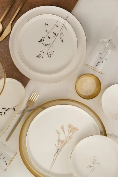 Kütahya Porselen Bone V-Form 26 Parça Yemek Takımı Angelica Altın - 2