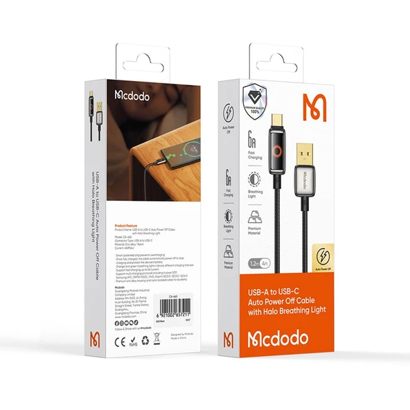 Mcdodo CA-6650 6A USB Typec Halo Solunum Işıklı Şarj Kablosu 1.2M - Siyah - 6