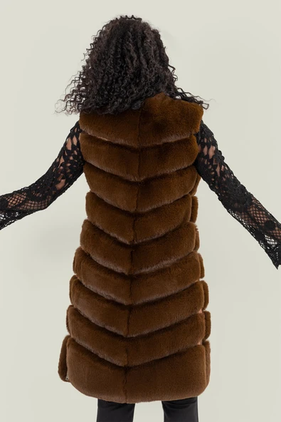 Vittoria Kahverengi Kadın Tüylü Uzun Yelek - 6