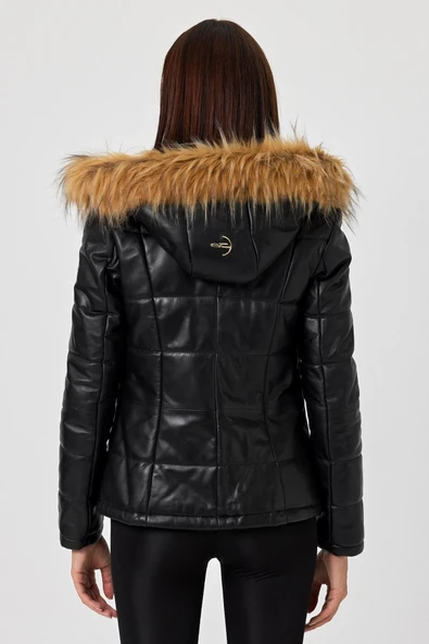 Jolanda Siyah Tüylü Deri Mont - 4