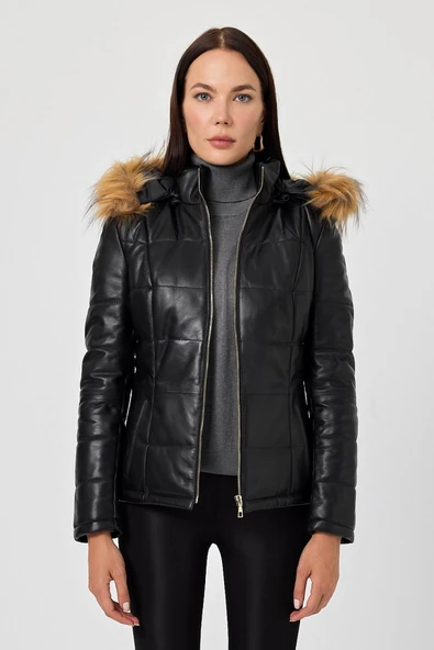 Jolanda Siyah Tüylü Deri Mont - 2