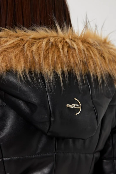 Jolanda Siyah Tüylü Deri Mont - 6