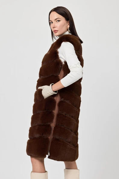 Vittoria Kahverengi Kadın Tüylü Uzun Yelek - 5