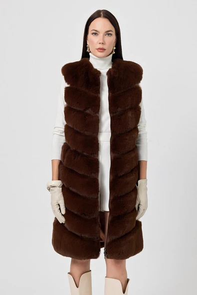 Vittoria Kahverengi Kadın Tüylü Uzun Yelek - 2