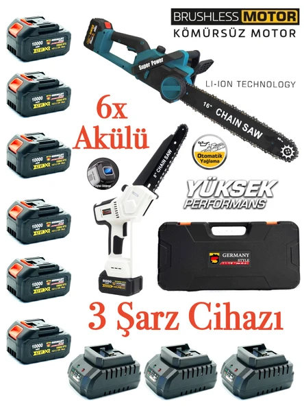 Germany Style Kömürsüz Motor 6 Akülü Ağaç Kesme Dal Budama Testeresi İkili Set