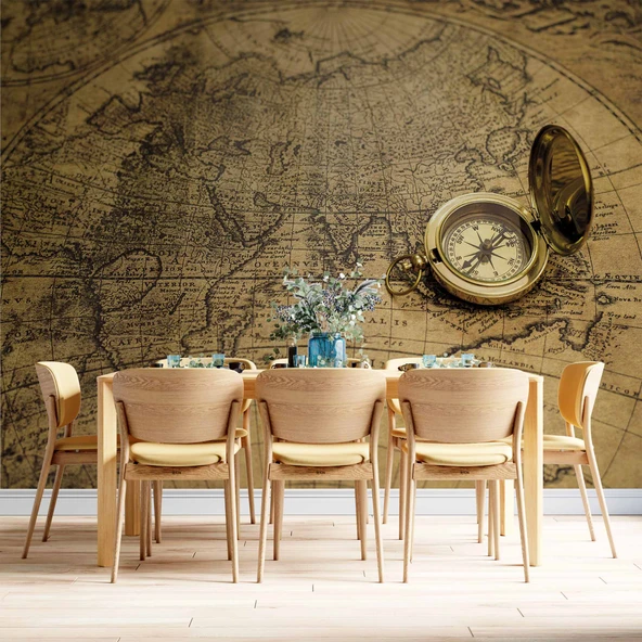 Vintage Dünya Haritası ve Pusula Duvar Kağıdı - Resim 5