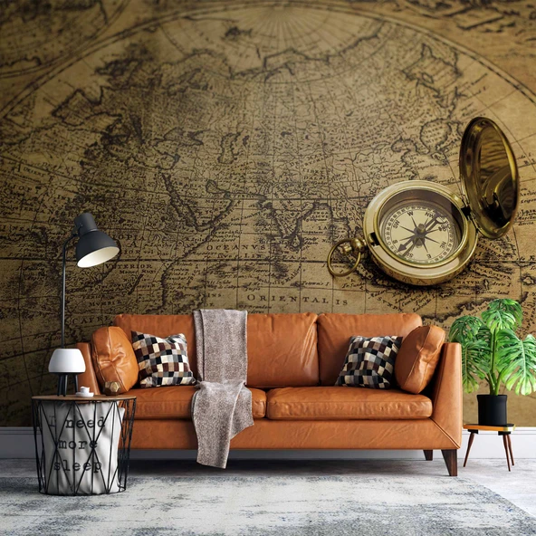 Vintage Dünya Haritası ve Pusula Duvar Kağıdı ürün görseli
