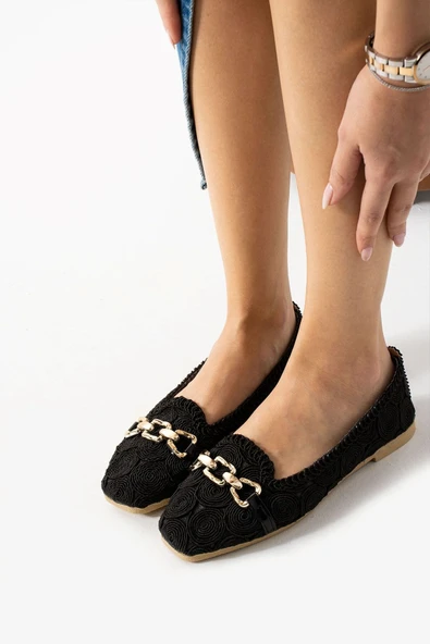 Albishoes Kadın Babet Örgülü Nakış Babet Tokalı Babet Hafif Rahat Şık İş Ofis Günlük Ayakkabı Babet