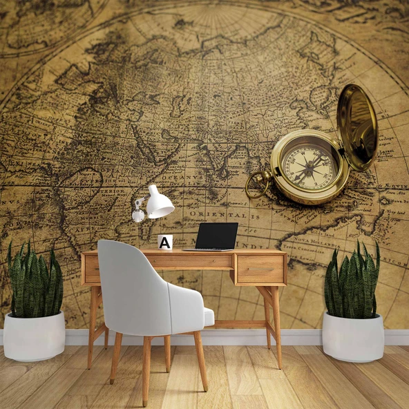 Vintage Dünya Haritası ve Pusula Duvar Kağıdı - Resim 4