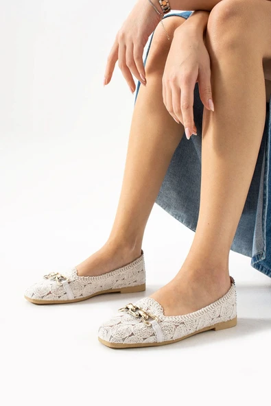 Albishoes Kadın Babet Örgülü Nakış Babet Tokalı Babet Hafif Rahat Şık İş Ofis Günlük Ayakkabı Babet
