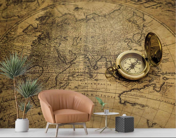 Vintage Dünya Haritası ve Pusula Duvar Kağıdı - Resim 6