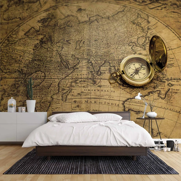 Vintage Dünya Haritası ve Pusula Duvar Kağıdı - Resim 2