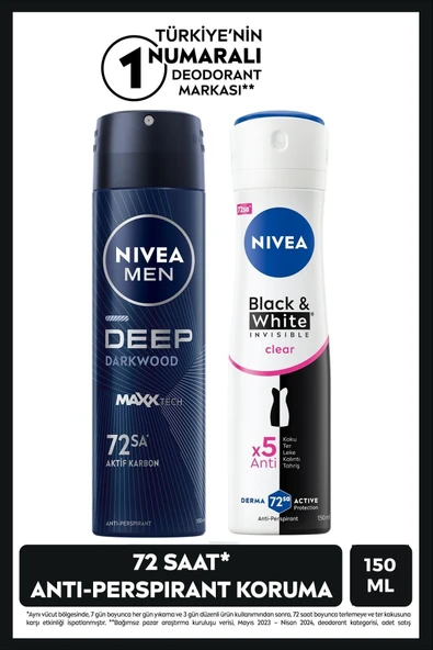 NIVEA MEN Erkek Sprey Deodorant Deep Dimension 150ml ve Kadın Sprey Deodorant Black&White Invisible Clear