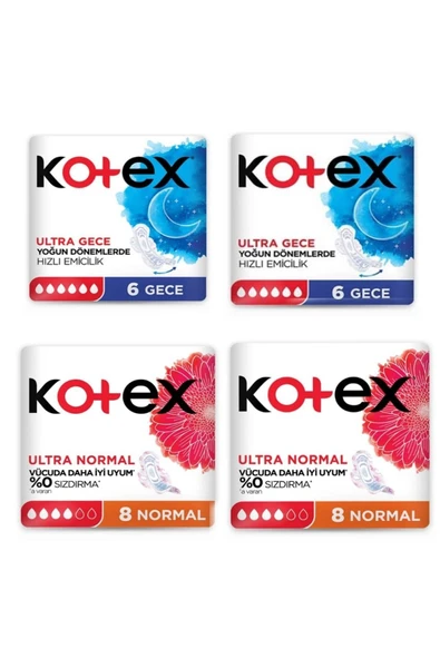 KOTEX Ultra Ped Gece 6'lı X 2 Adet / Ultra Tekli Ped Normal 8li X2 Adet