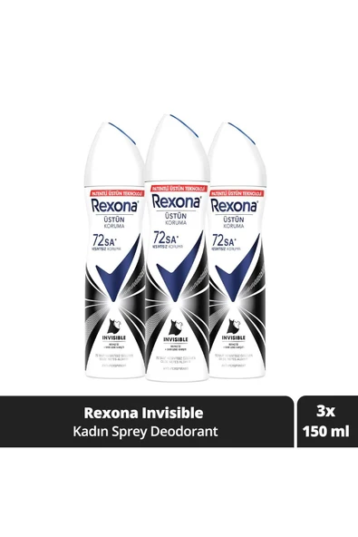 REXONA Kadın Sprey Deodorant Invisible 72 Saat Kesintisiz Koruma 150 ml X3