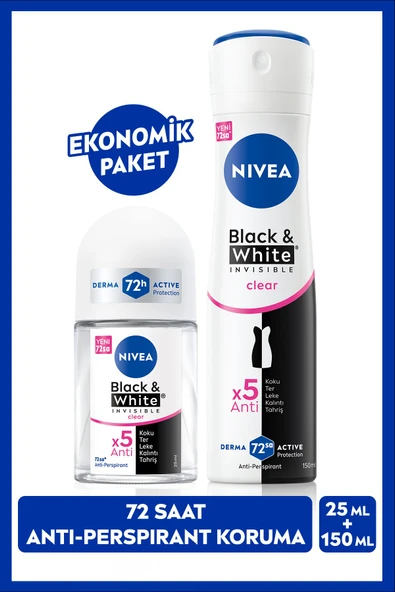 NIVEA Kadın Sprey Deodorant Black&White Clear 150ml Ve Mini Roll-on 25ml, 72 Saat Anti-perspirant Koruma