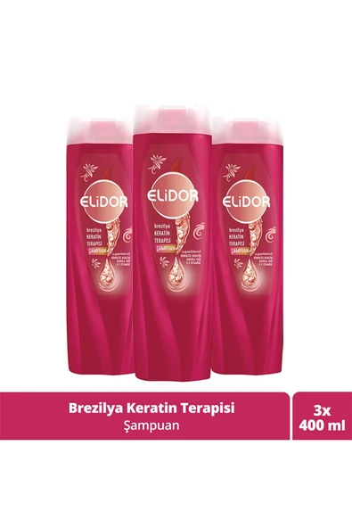 ELİDOR Şampuan Brezilya Keratin Terapisi Hidrolize Keratin Marula Yağı E Vitamini 400 ml X3
