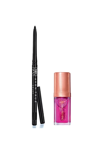 AVON True Nourıshıng Dudak Bakım Yağı Blossom 7ml + Glimmerstick Asansörlü Göz Kalemi Blackest Black