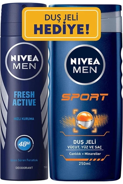 NIVEA Men Sport Duş Jeli 250ml + Fresh Active Deodorant Sprey 200ml