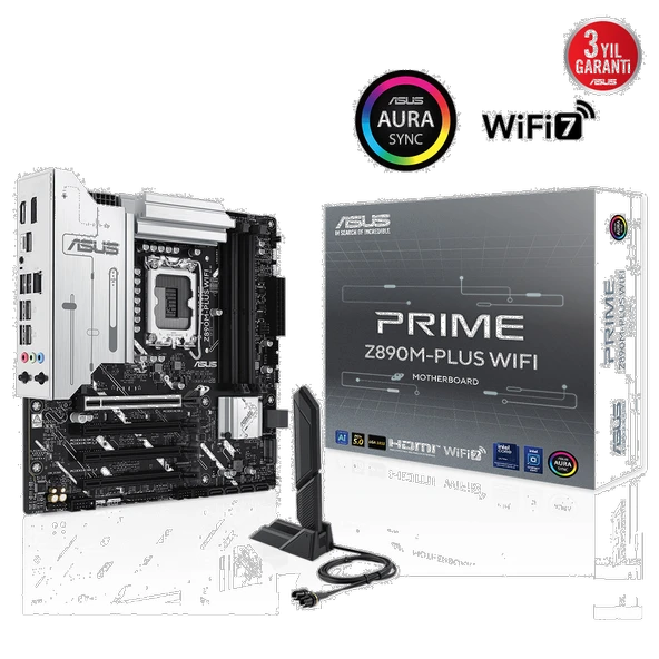 ASUS PRIME Z890M-PLUS WIFI, 7600MHz, 4xDDR5 3x M.2, HDMI, DP, Type-C, Wi-Fi 7, Bluetooth 5.4, Intel Core Ultra CPU(Seri 2), LGA1851 Soket, Gaming Anakart