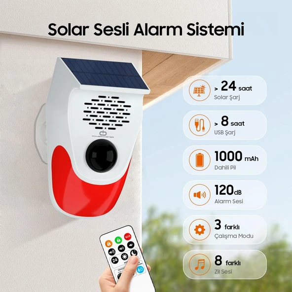 Ayt Powermaster Pm-26240 Solar Güneş Enerjili Sesli Işıklı Alarm Sistemi Kumandalı Alarm Flash Işıklı - 2